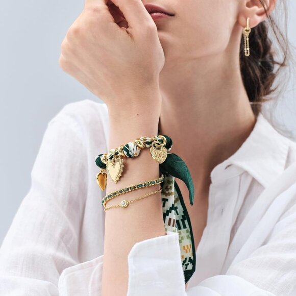 Women’s Versatile Silk Scarf Necklace with Gold-Plated Star Moon Heart Charms, A - Picture 3 of 7